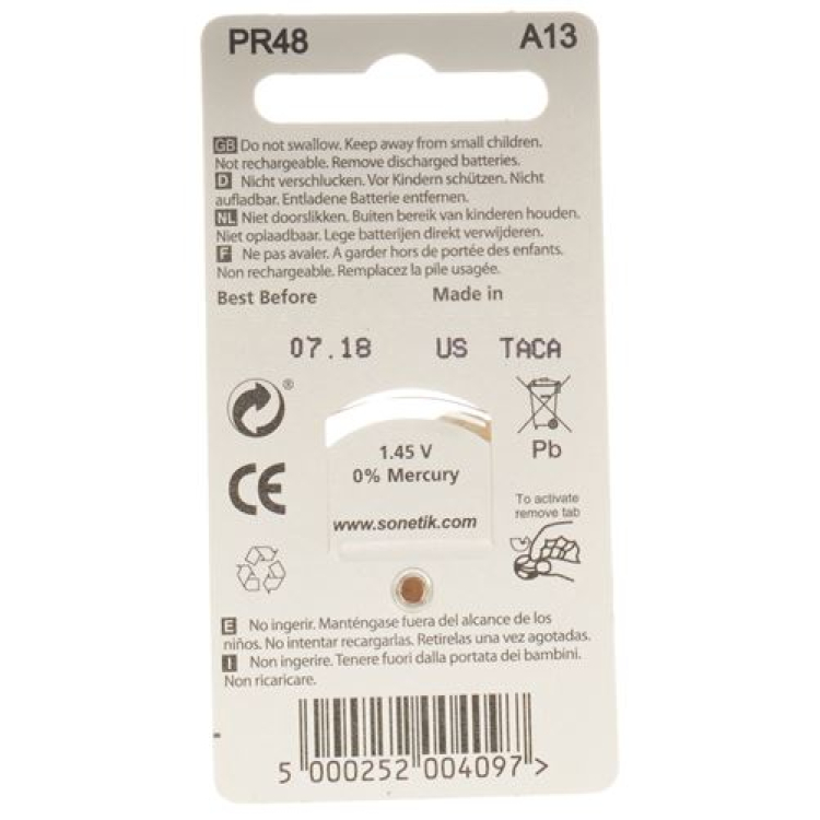 SONETIK Hearing Aid Batteries A13 10 Blist 6 pcs