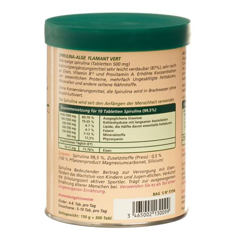 Spirulina Flamant Vert Bio Tabl 500 מ"ג Ds 300 יח'