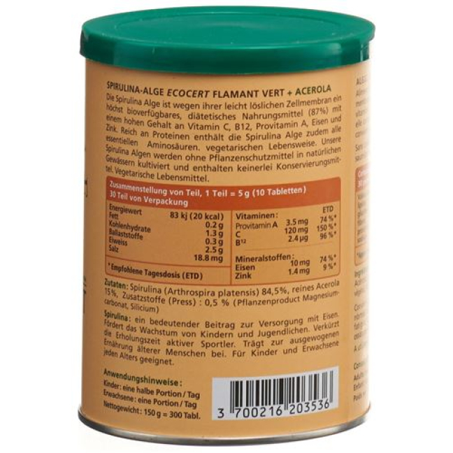 Spirulina Flamant Vert + Acerola (vitamin C) tablets 500 mg 1000 copies