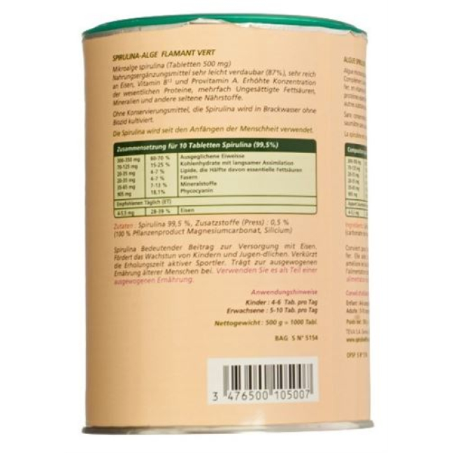 Spirulina Flamant Vert Bio tabletki 500 mg Ds 1000 szt