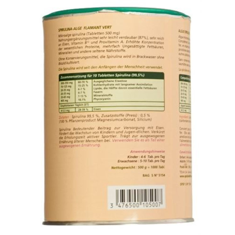 Spirulina Flamant Vert Bio tabletləri 500 mq Ds 1000 ədəd