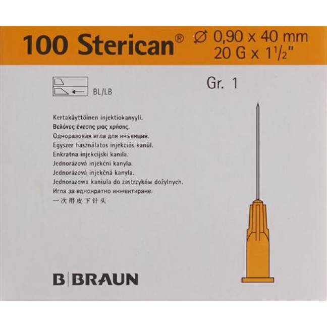 STERICAN nål 20G 0,90x40mm gul Luer 100 stk