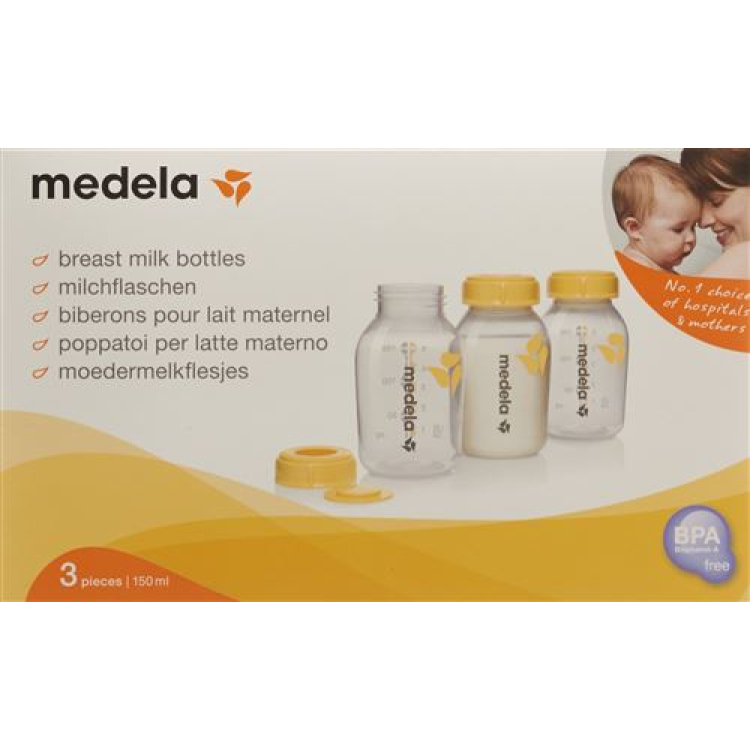 Medela sutli shishasi, shu jumladan 150 ml qopqoqli 3 dona