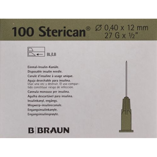 STERICAN nål 27G 0,40x12mm grå Luer 100 stk.