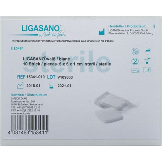 Κομπρέσες αφρού Ligasano 5x5x1cm αποστειρωμένες 10 τεμ