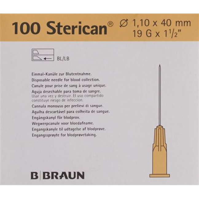 Aguja STERICAN 19G ​​1.10x40mm marfil Luer 100 uds