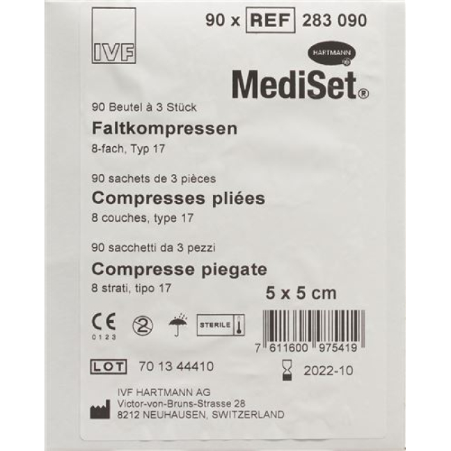 Mediset IVF taittokompressit tyyppi 17 5x5cm 8-kertaiset steriilit 90x3 kpl