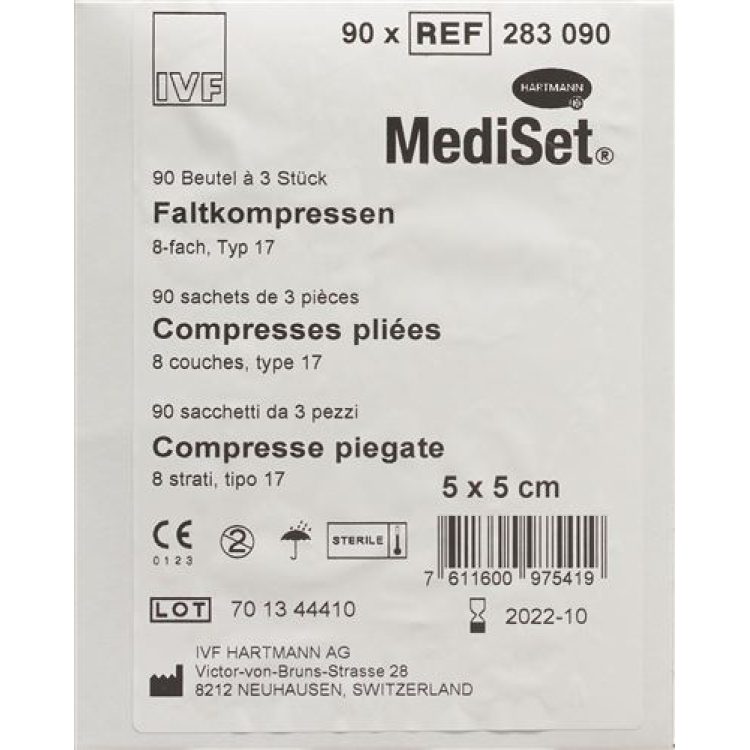 Mediset IVF foldekompresser type 17 5x5cm 8 gange sterile 90 x 3 stk.