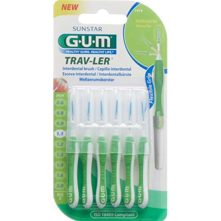 GUM SUNSTAR Proxabrush Trav-Ler ISO standard 1,1mm 3 konisk grønn 6 stk.