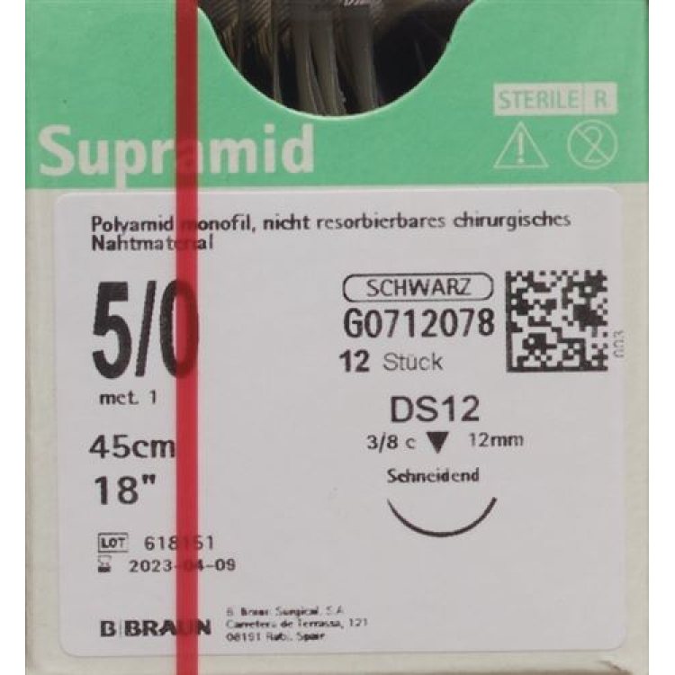 SUPRAMID 45cm DS 12 5-0 čierna 12 ks