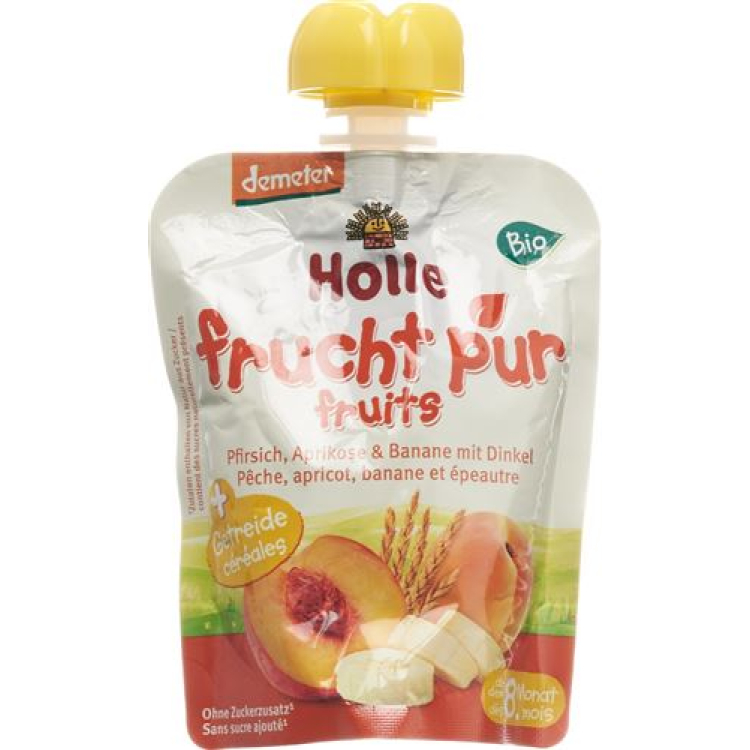 Holle Pouchy perzik abrikoos en banaan met spelt 90 g