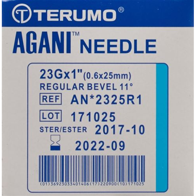 Terumo Agani canula desechable 23G 0.6x25mm azul 100 uds