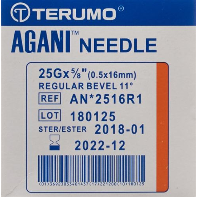 Terumo Agani cánula desechable 25G 0,5x16mm naranja 100 uds