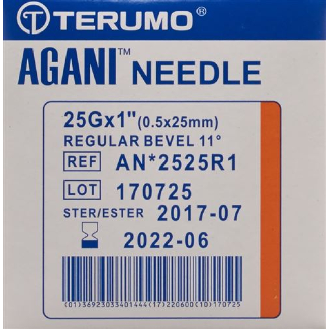 Terumo Agani canule jetable 25G 0.5x25mm orange 100 pcs