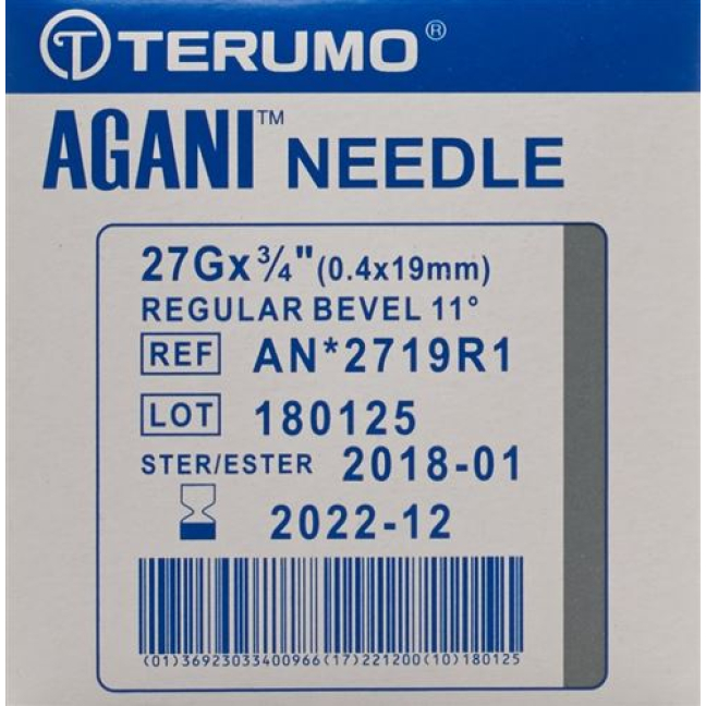 Terumo Agani canule jetable 27G 0.4x19mm gris 100 pcs