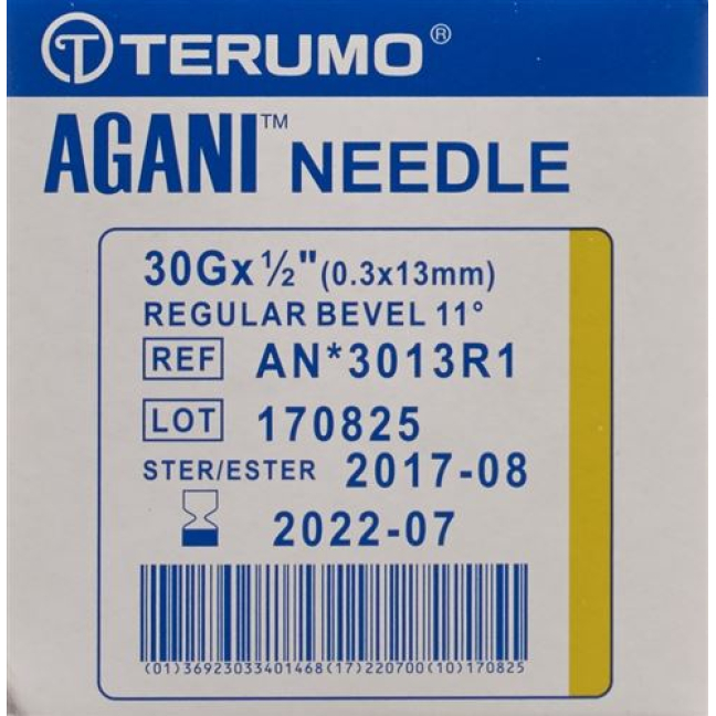 Terumo Agani canule jetable 30G 0.3x13mm jaune 100 pcs
