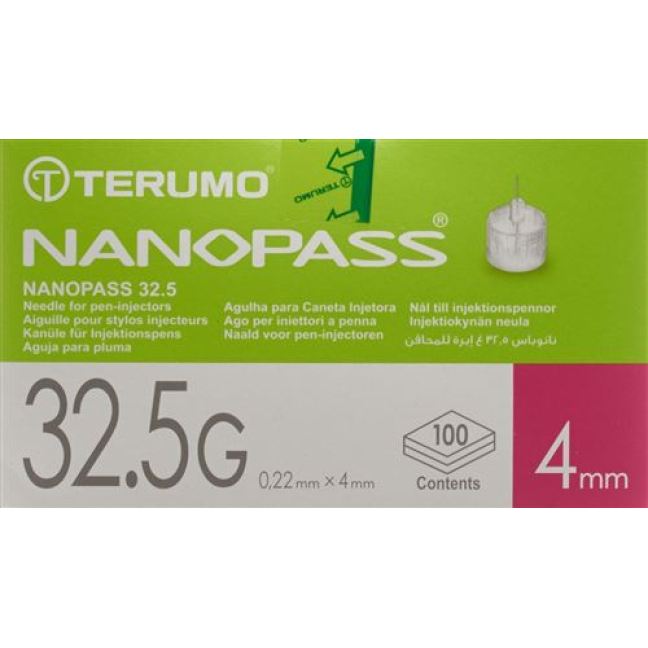 Terumo კალმის ნემსი NANO PASS 32.5გ 0.22x4მმ კანულა საინექციო კალამი 100 ც.