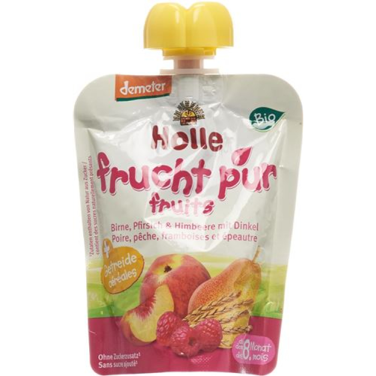 Holle Pouchy pear peach + raspberry ជាមួយអក្ខរាវិរុទ្ធ 90 ក្រាម។