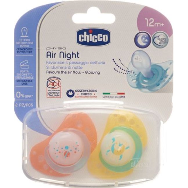 Chicco Physiological Silicone Soother GLOWING maxi 16-36m CASE IT / DE / FR 2 pcs