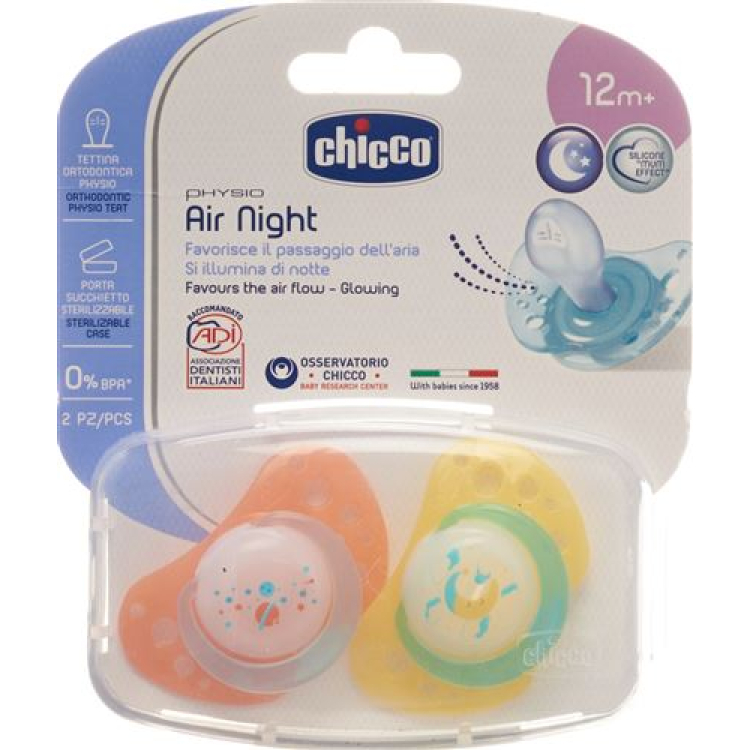 Chicco Physiological Silicone Soother GLOWING maxi 16-36m CASE IT / DE / FR 2 pcs