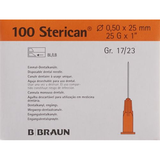 Aiguille STERICAN Dent 25G 0.5x25mm orange 100 pcs