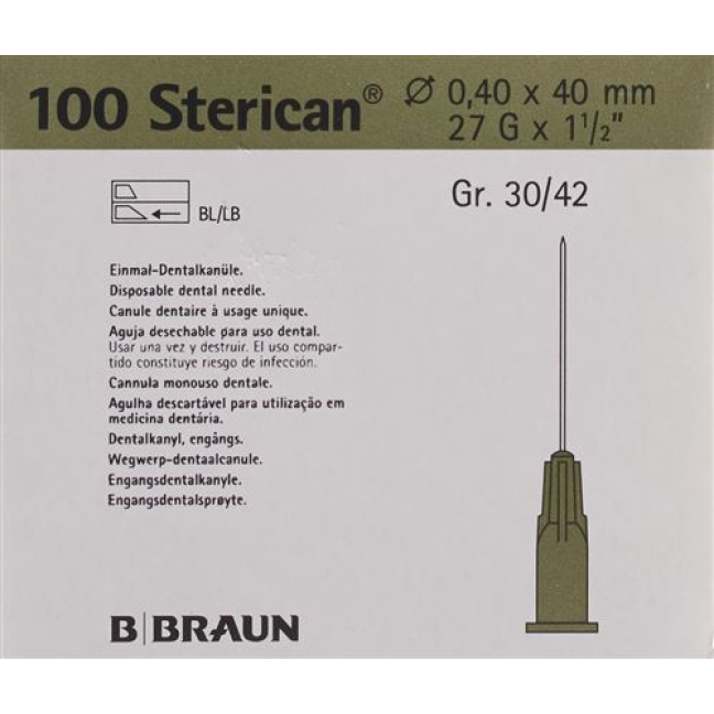 Agulha STERICAN Dent 27G 0,4x40mm cinza 100 unid.