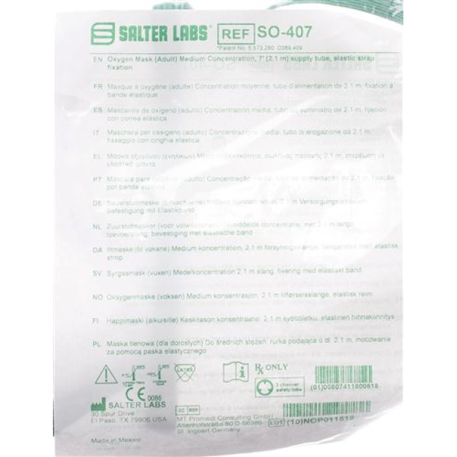 Salter Labs Sauerstoffmaske + Schlauch 2.1m