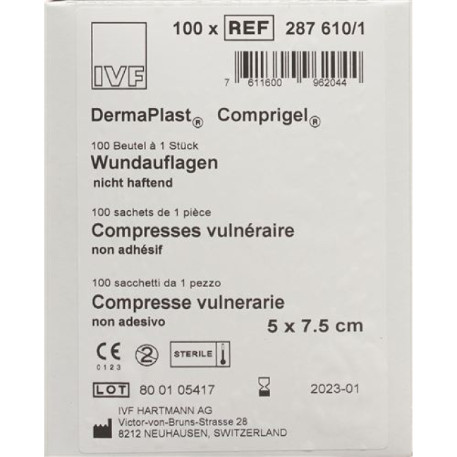 DermaPlast Comprigel sårbandasje 5x7,5cm steril 100 poser