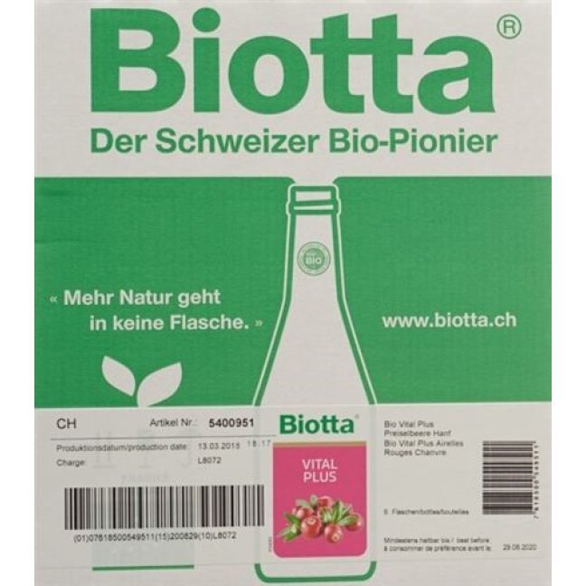 Biotta Vital Plus Preiselbeere & Hanf 6 x 5 dl