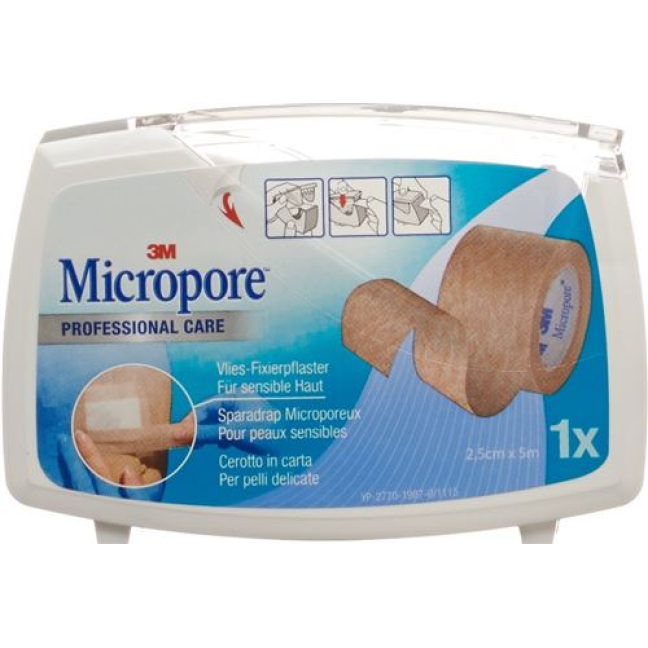 ម្នាងសិលាស្អិតមិនត្បាញ 3M Micropore ជាមួយ dispenser 25mmx5m tan