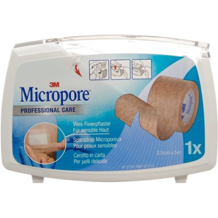 ម្នាងសិលាស្អិត 3M Micropore ជាមួយឧបករណ៍ចែកចាយ 25mmx5m ពណ៌ត្នោតខ្ចី