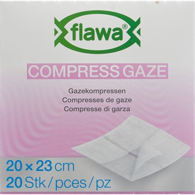 Flawa compresses de gaze coupe 20x23cm traitement réducteur de germes 20 pièces