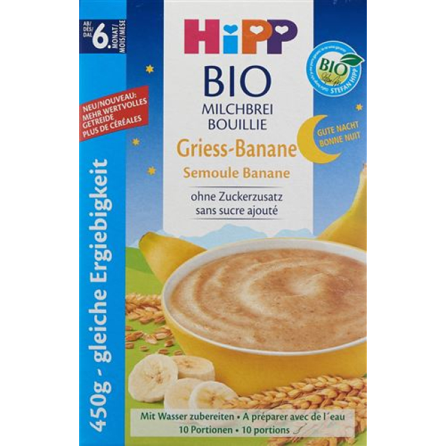 Hipp Goodnight Papilla de leche ecológica Sémola de plátano sin azúcares añadidos 450g