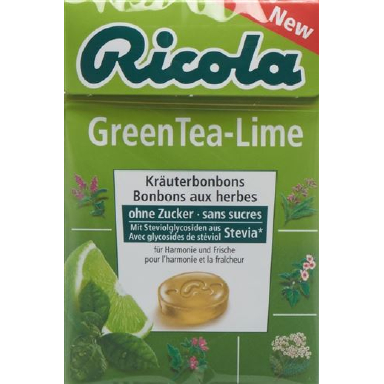 Ricola Green Tea-Lime tanpa gula dengan stevia Kotak 50 g