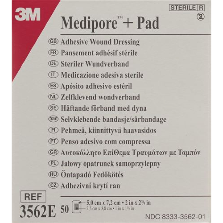 3M Medipore™ ապրանքանիշ + բարձիկ 5x7.2սմ վերքի բարձ 2.8x3.8սմ 50 հատ