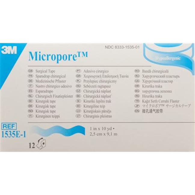 3M Micropore roll plaster with dispenser 25mmx9.14m white 12 pieces