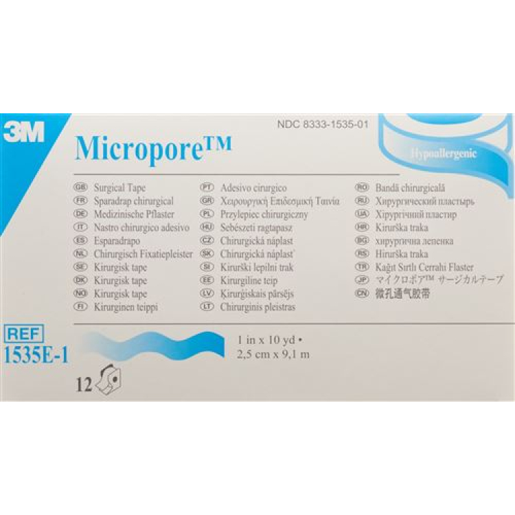 ម្នាងសិលាក្រឡុក 3M Micropore ជាមួយ dispenser 25mmx9.14m ពណ៌ស 12 ដុំ