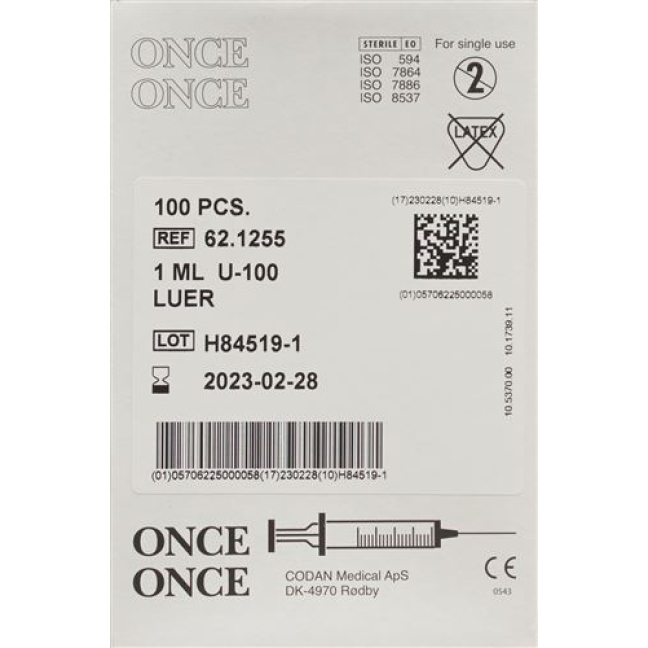 Once disposable insulin Luer syringe without needle 100 x 1 ml