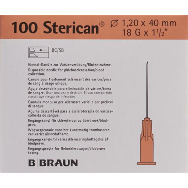 Aguja STERICAN 18G 1.20x40mm rosa luer 100 uds