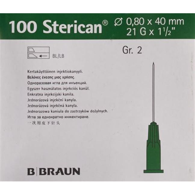Aguja STERICAN 21G 0.80x40mm verde Luer 100 uds