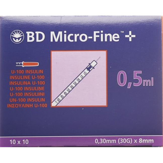 BD Microfine + U100 insulinespuit 8mmx0,3mm 100 x 0,5 ml