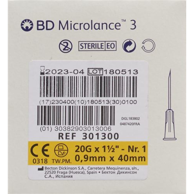 Cânula de injeção BD Microlance 3 0,90x40mm amarela 100 unid.