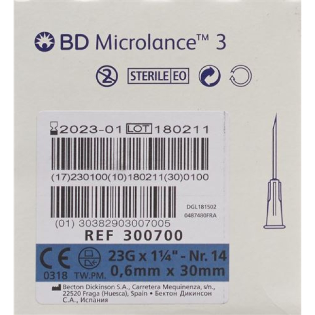 Aguja de inyección BD Micro Lance 3 0,60x30mm azul 100 uds