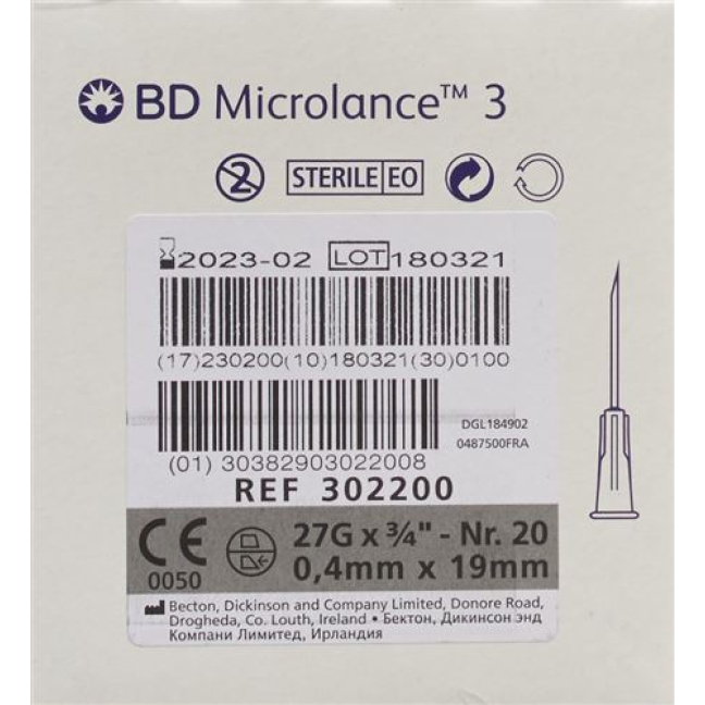 BD Micro Lance 3 enjeksiyon iğnesi 0.40x19mm gri 100 adet