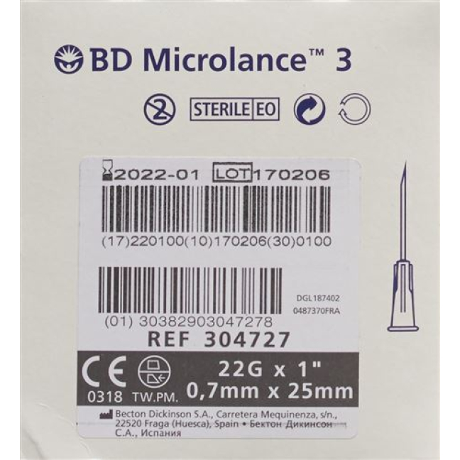 BD Microlance 3 injectiecanule 0.70x25mm zwart 100 st
