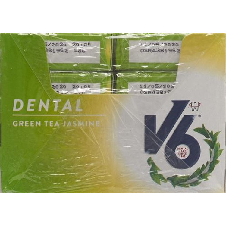 Caixa de 24 gomas de mascar para cuidados dentários V6 chá verde jasmim