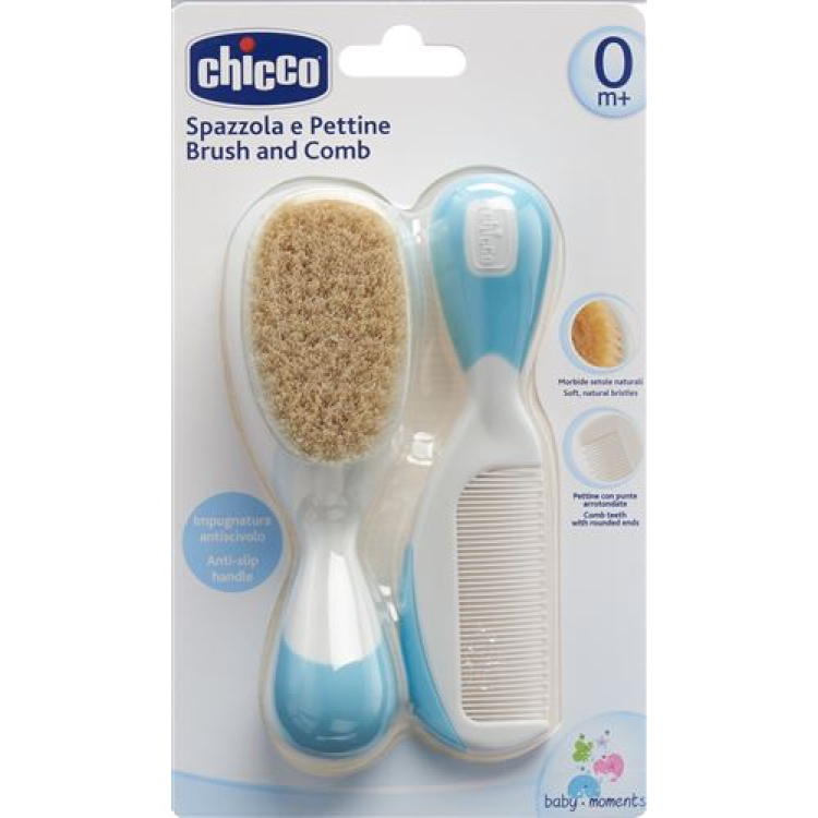 Sisir dan sikat Chicco bulu alami biru muda 0m+