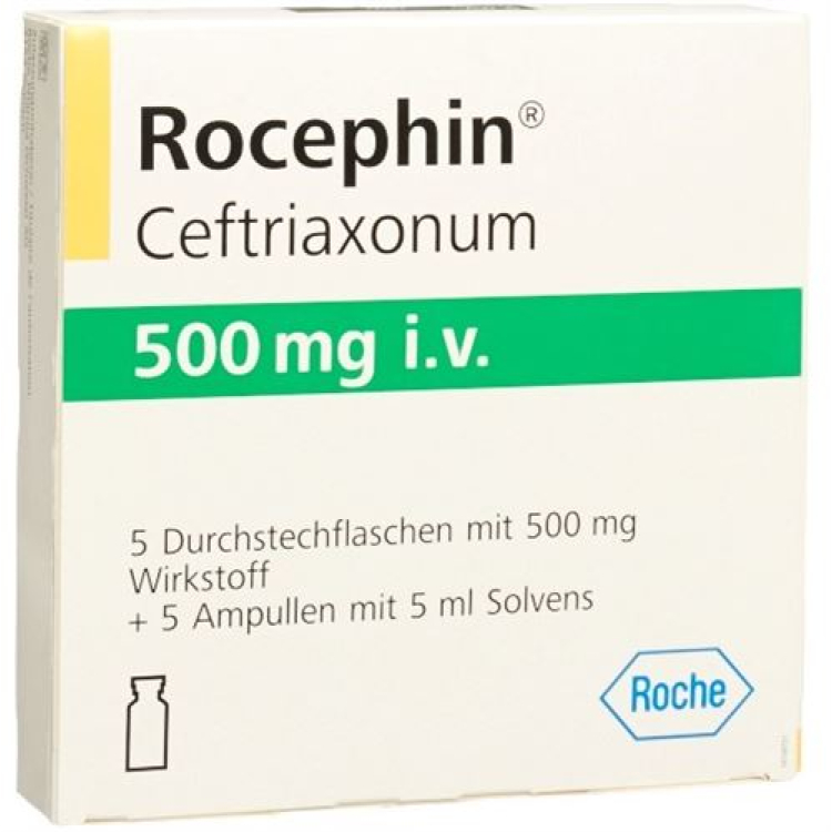 Rocephin tørr sub 500 mg i.v. med løsemiddelinntrengning 5 stk