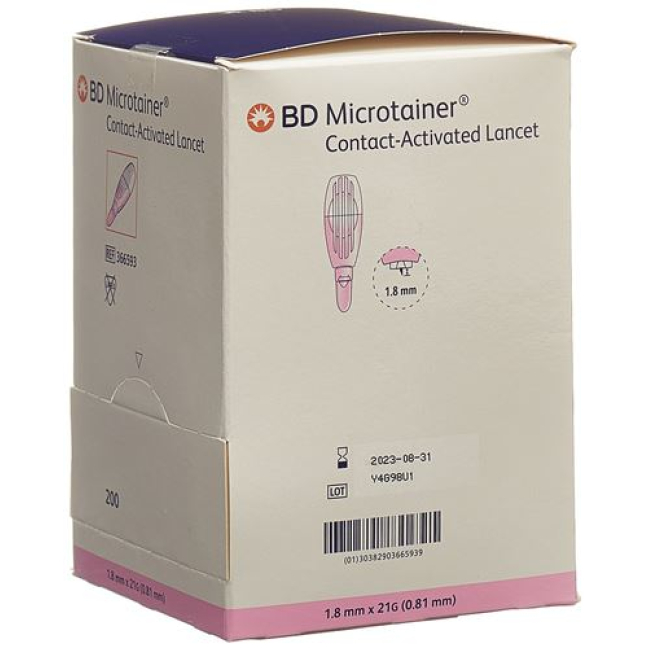 BD Microtainer kontaktu aktyvuojami lancetai kapiliariniam kraujui 21Gx1,8mm rožiniai 200 vnt.