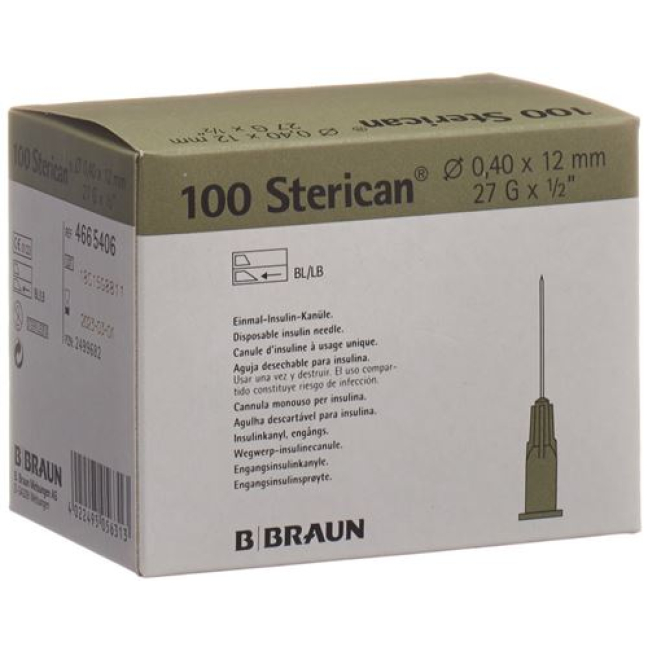 Aguja STERICAN 27G 0,40x12mm gris Luer 100 uds